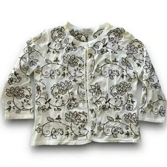 y2k white floral sequin embroidered knit cardigan button‎ up 3/4 sleeves sweater - Picture 1 of 4